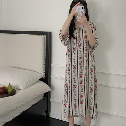 2026 New Cotton Silk Nightgown for Women, High-End Printed Short-Sleeved Long Dress, Large Size, Thin Style, Can Be Worn Outside as Loungewear