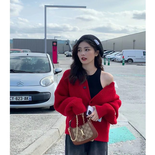 Niche New Product Star's Same Cardigan Knitwear All-Wool Round Neck Loose Knitwear Jacket Women's Long Sleeves
