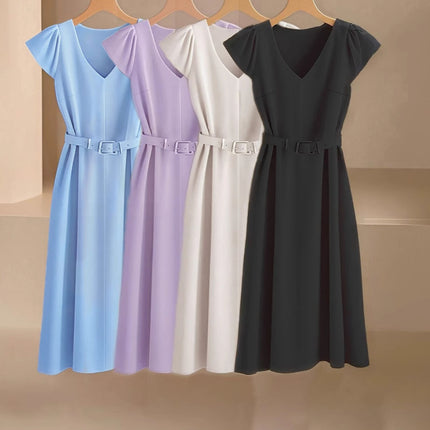 Amazon Spring and Summer New Skin-Friendly and Comfortable V-Neck Fashionable and Elegant Work Clothing Casual Pure Color Mid-Length Skirt & Without Belt