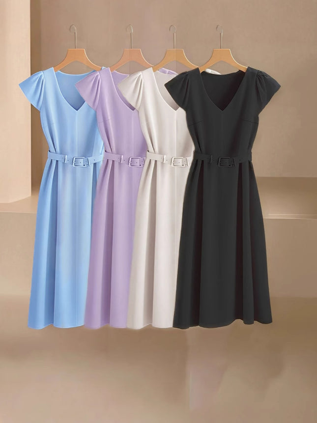 Amazon Spring and Summer New Skin-Friendly and Comfortable V-Neck Fashionable and Elegant Work Clothing Casual Pure Color Mid-Length Skirt & Without Belt