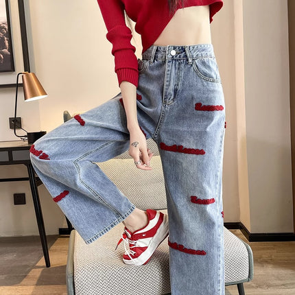 Letter Embroidered Wide Leg Jeans Women's Fashion All-match New High Waist Slimming Loose Casual Straight Trousers