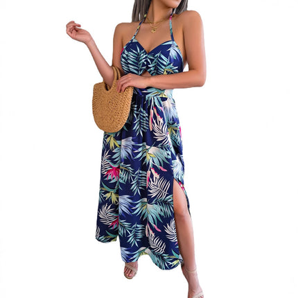 2026 Spring/Summer European and American Floral Sleeveless Hollow-Out Strap Long Dress Vacation Beach Dress Amazon Cross-Border Women's Clothing