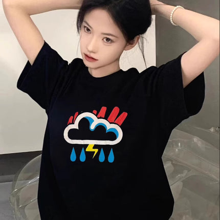Summer Pure Cotton Short-Sleeved T-Shirt for Women 2026 Plum Blossom Print Design Niche American High Street Loose Half-Sleeved Top