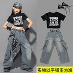 Music251 black short t+532 strap denim trousers+black sleeves / 110cm