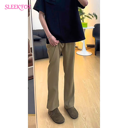 Summer Japanese-Style Loose Men's Stylish Trendy Breathable Solid Color Flared Trousers Retro Drape Casual Coffee Long Pants