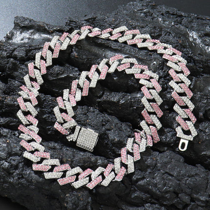 European and American hip-hop pink white diamond diamond flip buckle chain Cuban chain necklace hipster exaggerated flashy sweater clavicle chain