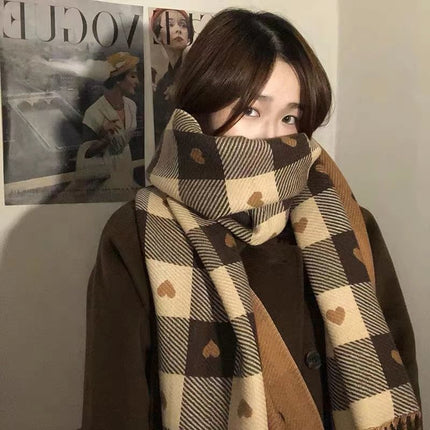Autumn and Winter Scarf for Women, Double-Sided Plaid Heart Fashion Korean Version Trendy Versatile Thickened Dual-Use Neck Warmer Shawl Harajuku Style