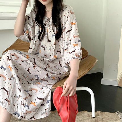 Mishiti Cotton Silk New Chinese Style Short-Sleeved Nightgown for Women, Summer Thin Style, National Style Cotton Silk Home Wear, Can Be Worn Outside