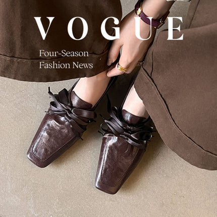 Ready Stock and Shipped in Seconds! Retro Square Toe Lace-Up Loafers, One-Leg Bow Ballet Shoes, Low-Heeled Small Leather Shoes for Women