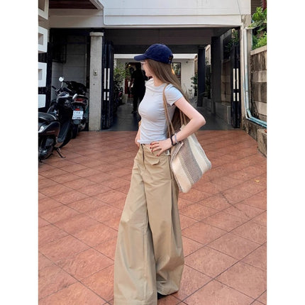 Vintage Khaki Casual Straight-Leg Pants for Women 2025 Summer New Drape High-Waisted Slimming Floor-Length Wide-Leg Pants