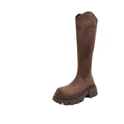 Women's Long Boots with Wide Shaft, Slim Boots, Autumn and Winter New British Style Thick-Soled Heightening Elastic Boots