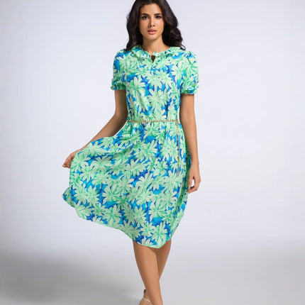 2025 Summer Women's New Ruffled Sleeve Women's European and American Pleated Bow Thai Print Long Skirt Dress