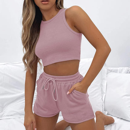 2026 Cross-Border Summer New Style Sleeveless Waffle Set Solid Color Vest Top Tie-Up Shorts Casual Two-Piece Set