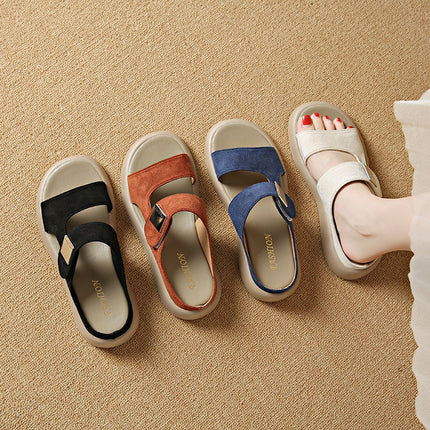 2025 Export Large Size Retro Casual Style Sandals Open-Toe Metal Logo Round Toe Thick-Soled Slip-On Beach Shoes for Women