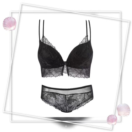 Pure Desire Sexy Lace Front Button Underwear Women's Push-Up Anti-Sagging Breast Reduction Wireless Bra Set