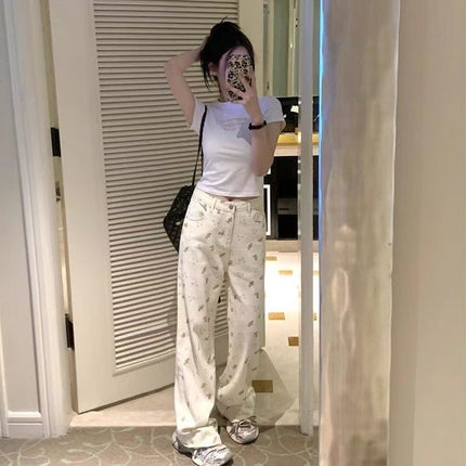 Beige Bear Printed Jeans Women's American-style Printed plus size High-waisted Slim-fit Loose Micro-elastic Straight-leg Wide-leg Pants
