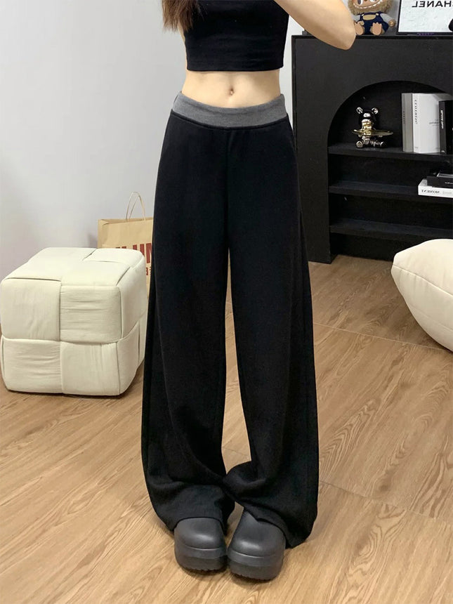 Stitched Contrasting Color Wide-Leg Pants for Women 2025 Spring & Fall Sports Pants Low-Waisted Straight Pants Floor-Length Low-Waisted Extended Knitted Pants