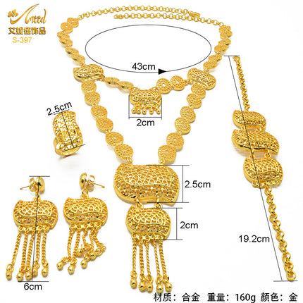 Gold-Plated Pendant Jewelry Set Bridal Wedding Jewelry Sand Gold Long Necklace Bracelet Ring Earrings Cross-Border Best-Selling Model