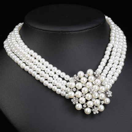 Cross-border Jewelry suit Women's Multi-row Pearl Necklace Earrings Three-piece Bridal Wedding Dress Accessories All-match Factory