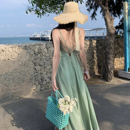 Real Shot New Light Green Printed Sling dress Yunnan Seaside Holiday Lou Super Slim-fit Back Long Dress for Summer