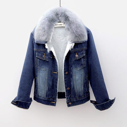 Autumn and Winter Denim Coat Women's Styky fleece-lined Thickened New Arrival Warm Thick Fur Collar Trendy All-match Outer Wear Top for Women