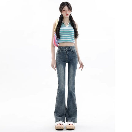 American-style Retro Smoke Gray Micro-lar Jeans Women's Trendy All-match New High Waist Slim-fit Horseshoe Flared Pants