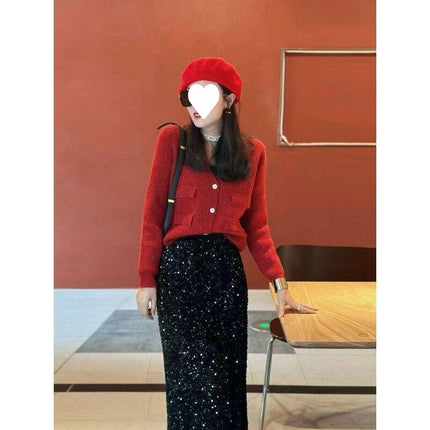 plus size Spring and Autumn New Elegant Velvet Sequin Skirt 2025 High Waist Skirt Fashion Hip-Covering Skirt