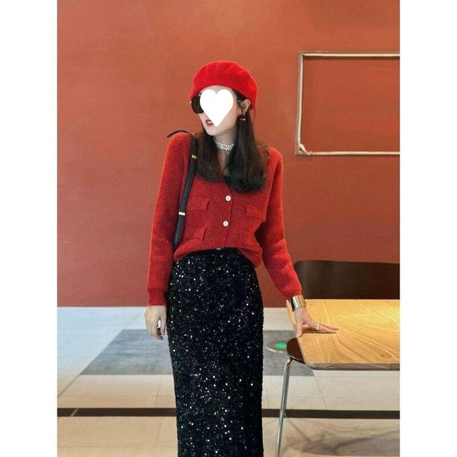 plus size Spring and Autumn New Elegant Velvet Sequin Skirt 2025 High Waist Skirt Fashion Hip-Covering Skirt