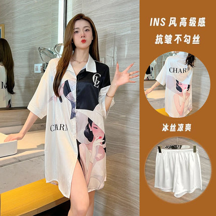 Summer New Style Fashionable Pure Lust Sexy Ice Silk Shirt Pajamas Loose High-End Home Wear Suit for Women