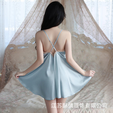 Suqing New Spring and Summer Comfortable Pajamas Backless Sweet Embroidered Lace Sling Nightgown Women's Cardigan Home Clothes suit