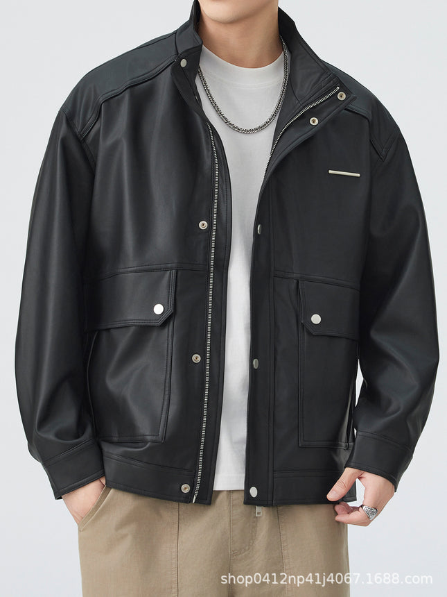 American Retro Loose Casual Leather Jacket for Men 2026 Spring Versatile Stand Collar Coat Trendy Versatile Top for Men
