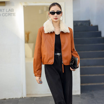 Winter Padded Leather Jacket for Women, Short Style, Petite Size, Plus Size, Age-Reducing Cotton Coat, 2025 Winter Slimming Sheepskin Jacket