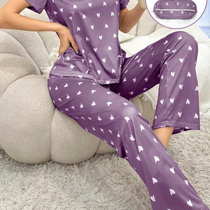Cross-Border Women's New Foreign Trade Casual Home Wear Heart Short-Sleeved Trousers Two-Piece Set Comfortable Eye Mask Pajamas Set