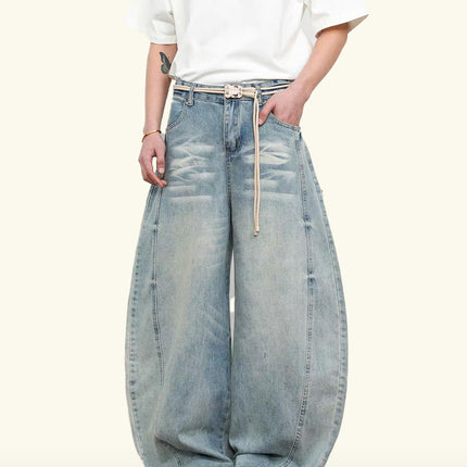 American Style Vintage Washed Cat Whiskers light blue Scimitar Jeans Unisex Wide Leg cleanfit Scythe Jeans