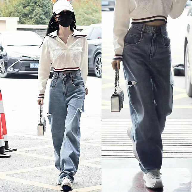 European and American Magila MM Same Style High Waist Wide Leg Knife Cut Hole Fashionable Loose Straight Jeans Women's Black Grey