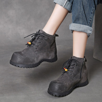 Jishu 25 Autumn and Winter New Top-Layer Cowhide Lace-Up High-Top Women's Shoes, Suede Genuine Leather Retro Beaded Internal Height-Increasing Ankle Boots