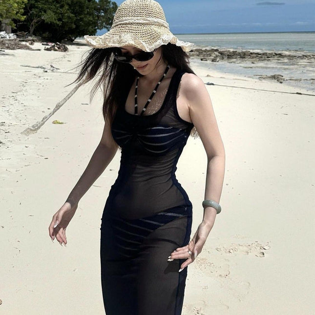New Model from the Source Manufacturer: Deep Blue See-Through Tank Top Dress, Mesh Cover-Up, Sexy Hot Girl Bikini Swimsuit for Women