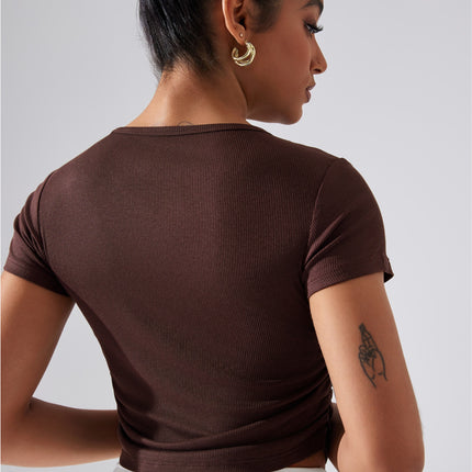 Pleated Waist Slimming T-shirt Women's Rib Stretch Naked Sports Top Summer Fitness Yoga Running Slim-fit Short-sleeve