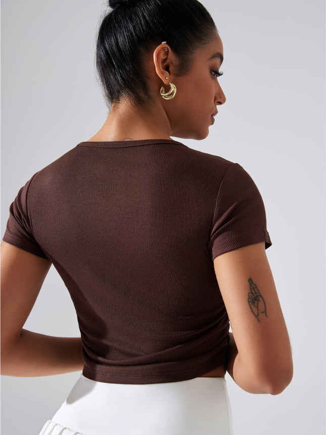 Pleated Waist Slimming T-shirt Women's Rib Stretch Naked Sports Top Summer Fitness Yoga Running Slim-fit Short-sleeve