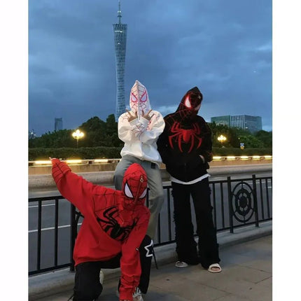 American Style Fried Street Spider Embroidered Zipper Cardigan Sweater Men's and Women's Autumn Loose Couple's oversize Hooded Jacket