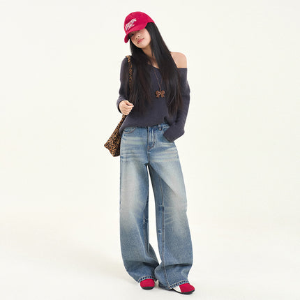 Vintage Washed Crease Wide Leg Jeans Women's Autumn and Winter 2024 New Straight Loose High Waist Slimming Mop Pants