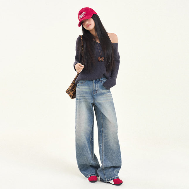 Vintage Washed Crease Wide Leg Jeans Women's Autumn and Winter 2024 New Straight Loose High Waist Slimming Mop Pants