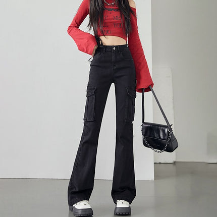 High Waist Micro Horn Denim Cordwork Pants Women's Autumn and Winter 2024 New American Black Slim Look Multi-Pocket Mop Pants