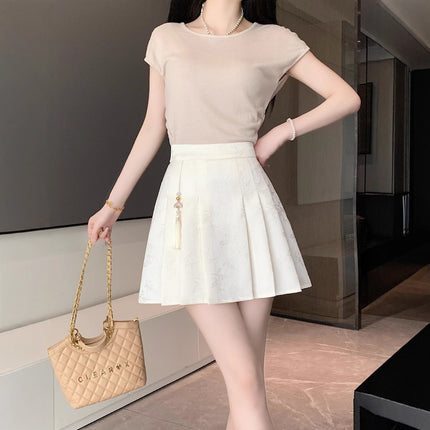 New Chinese A- line Skirt Skirt Women's Early Autumn Black Skirt New Hip Skirt High Waist Slimming Pleated Skirt Free Shipping
