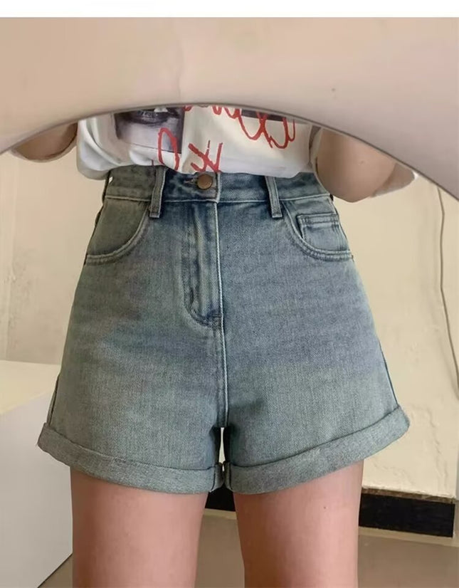 Nostalgic Blue Denim Shorts for Women, High-Waisted Summer Plus Size, Slimming Pear-Shaped Figure, A-Line Hot Pants