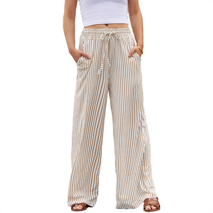 Vintage Striped Wide-Leg Pants for Women, High-Waisted Loose Brushed Trousers, New European and American Cross-Border Women's Fashion
