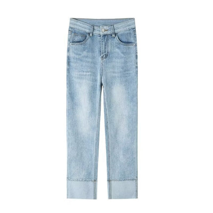 light blue High Waist Straight Tube Cigarette Jeans Women's 2025 Spring Rouge Small Slim Nine-point French Stick Pants