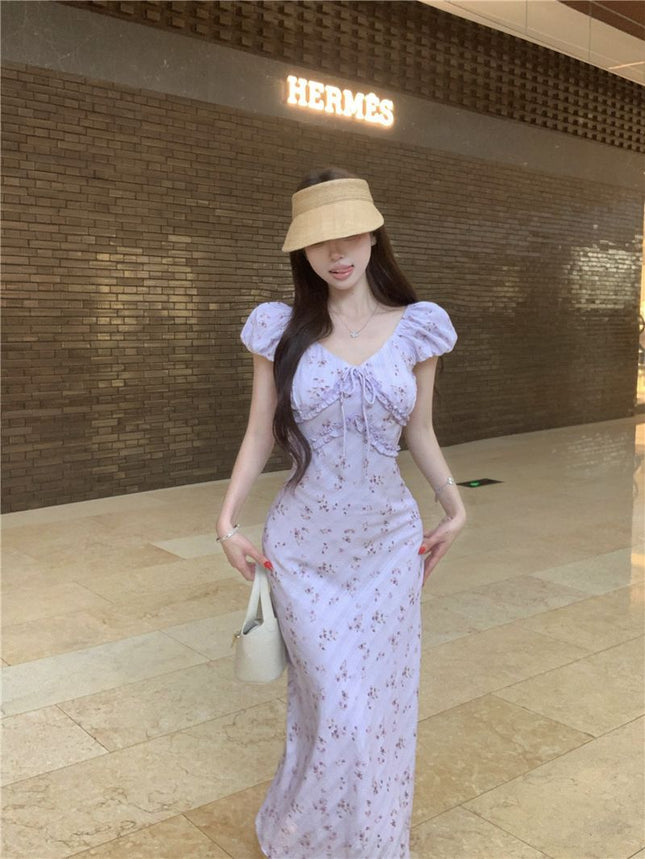 Designed Age-Reducing Floral Puff Sleeve Dress for Women Summer 2025 New Waist-Cinching Niche Korean A-Line Long Skirt