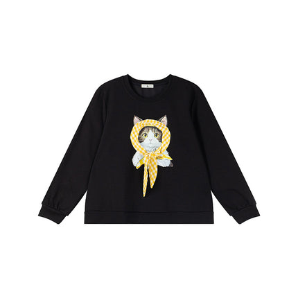 Shuangtian 2025 New Autum Fat Girl Plus Size Women's Sweatshirt Sweet Kitten Turban Round Neck Sweatshirt Women 9052