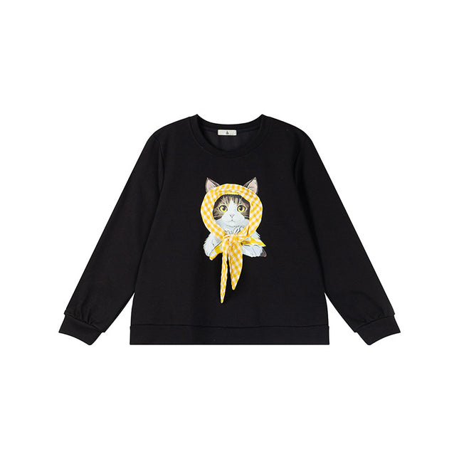 Shuangtian 2025 New Autum Fat Girl Plus Size Women's Sweatshirt Sweet Kitten Turban Round Neck Sweatshirt Women 9052
